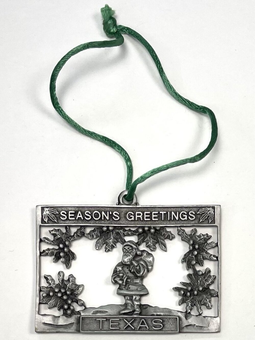 VTG JOSEF Pewter 2.75"x2" Rectangular Season's Greetings Texas Santa ORNAMENT